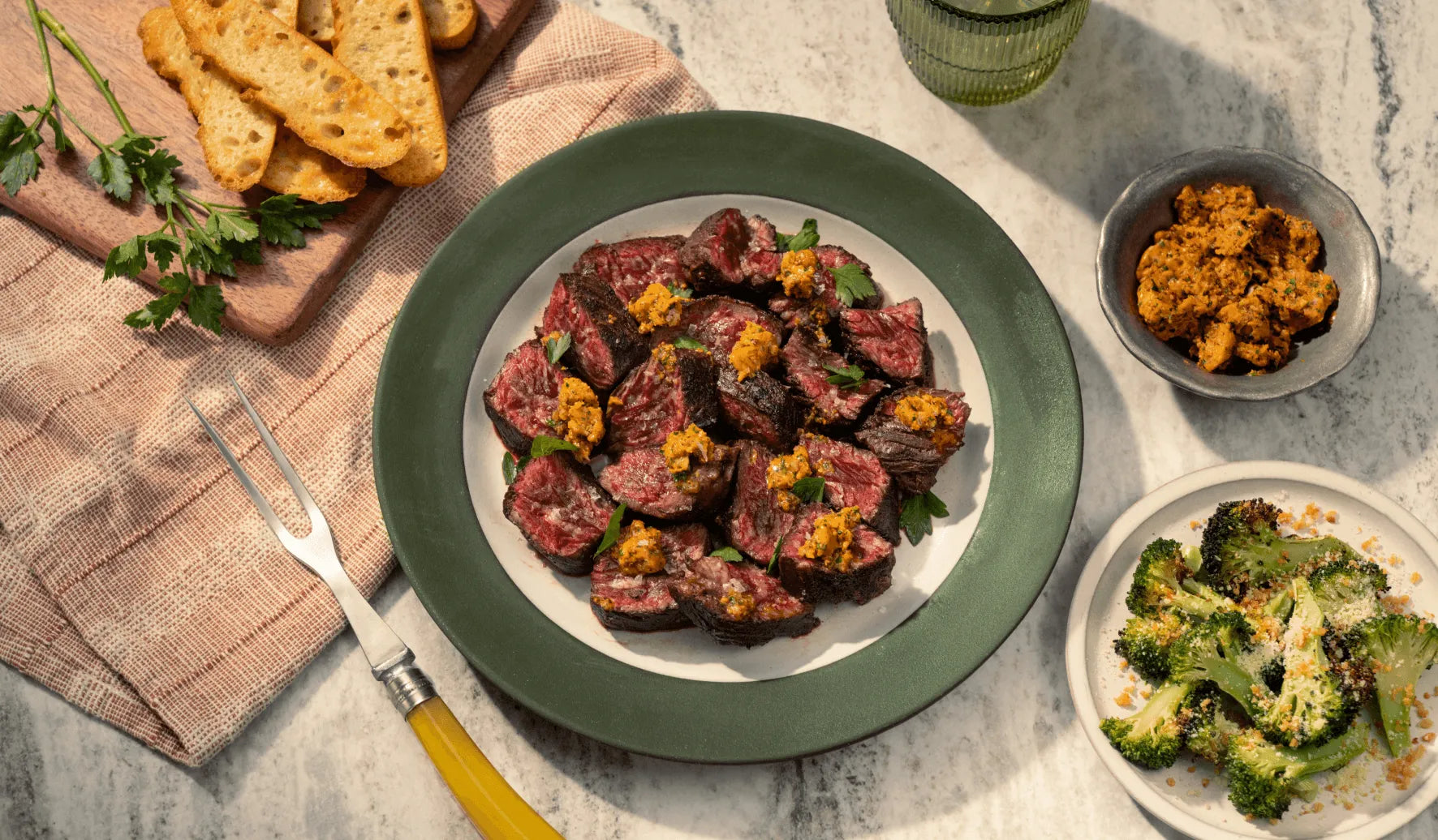 Hanger Steak With Cowboy Butter & Broccoli Caesar Salad