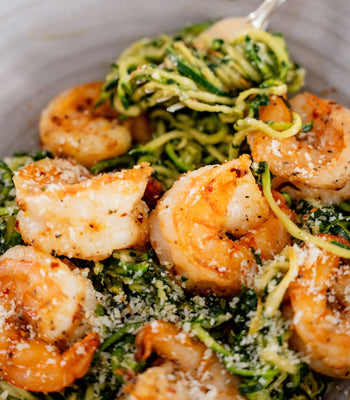 Zucchini Noodles with Kale Pesto and Garlicky Shrimp