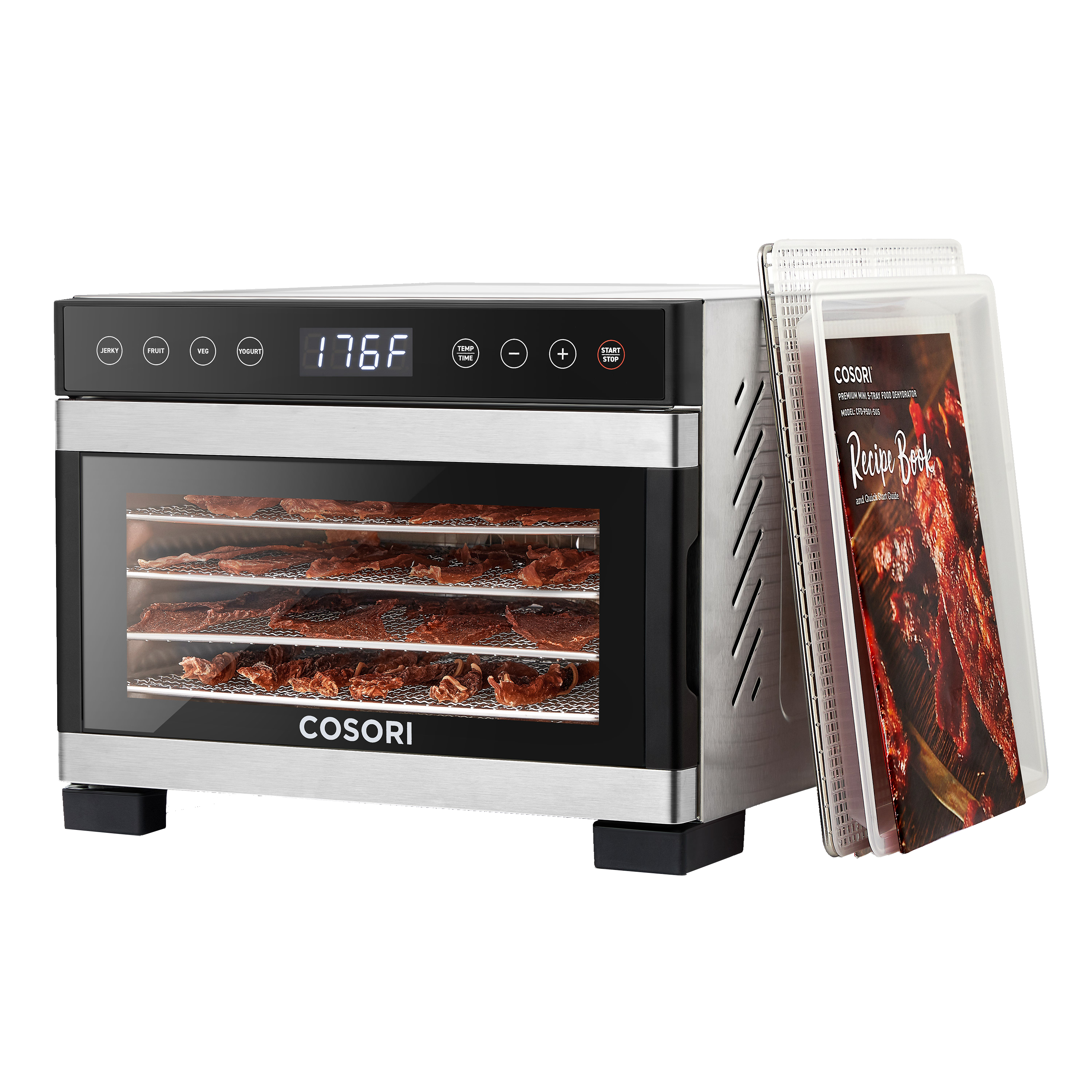 COSORI Premium Mini 5-tray food dehydrator with dried jerky inside