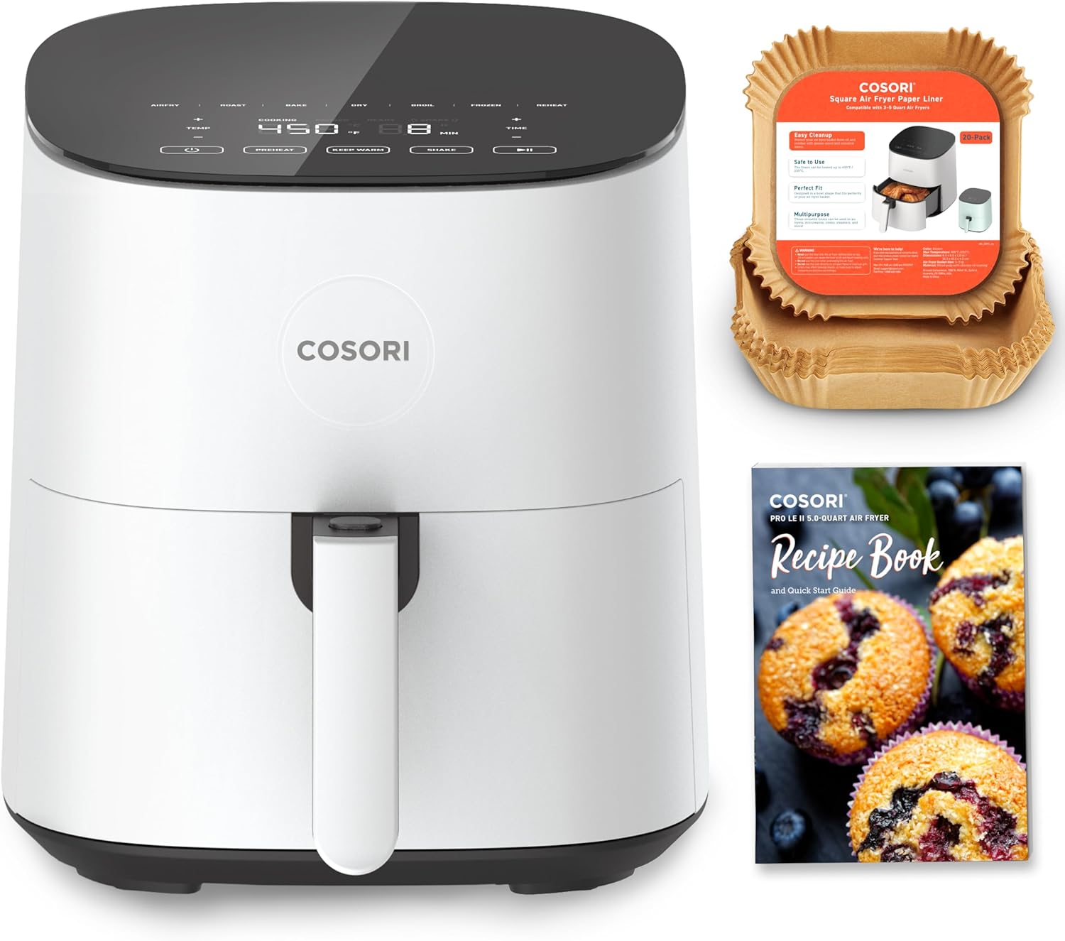 COSORI Pro LE 5.0-Quart Air Fryer with tempered glass display and included accessories
