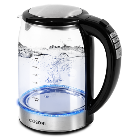 COSORI Original Digital Glass Kettle with illuminated glass body and boiling water inside