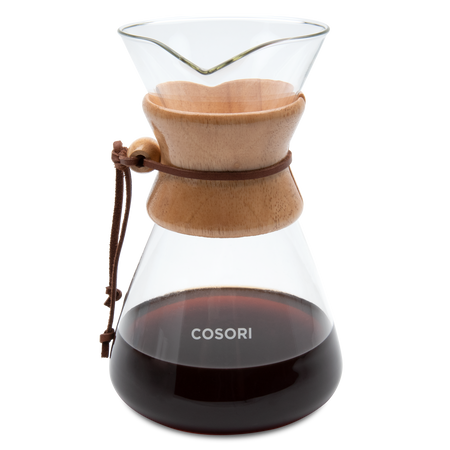 COSORI Original 8-Cup Pour-Over Coffee Maker with glass carafe and wooden collar filled with brewed coffee