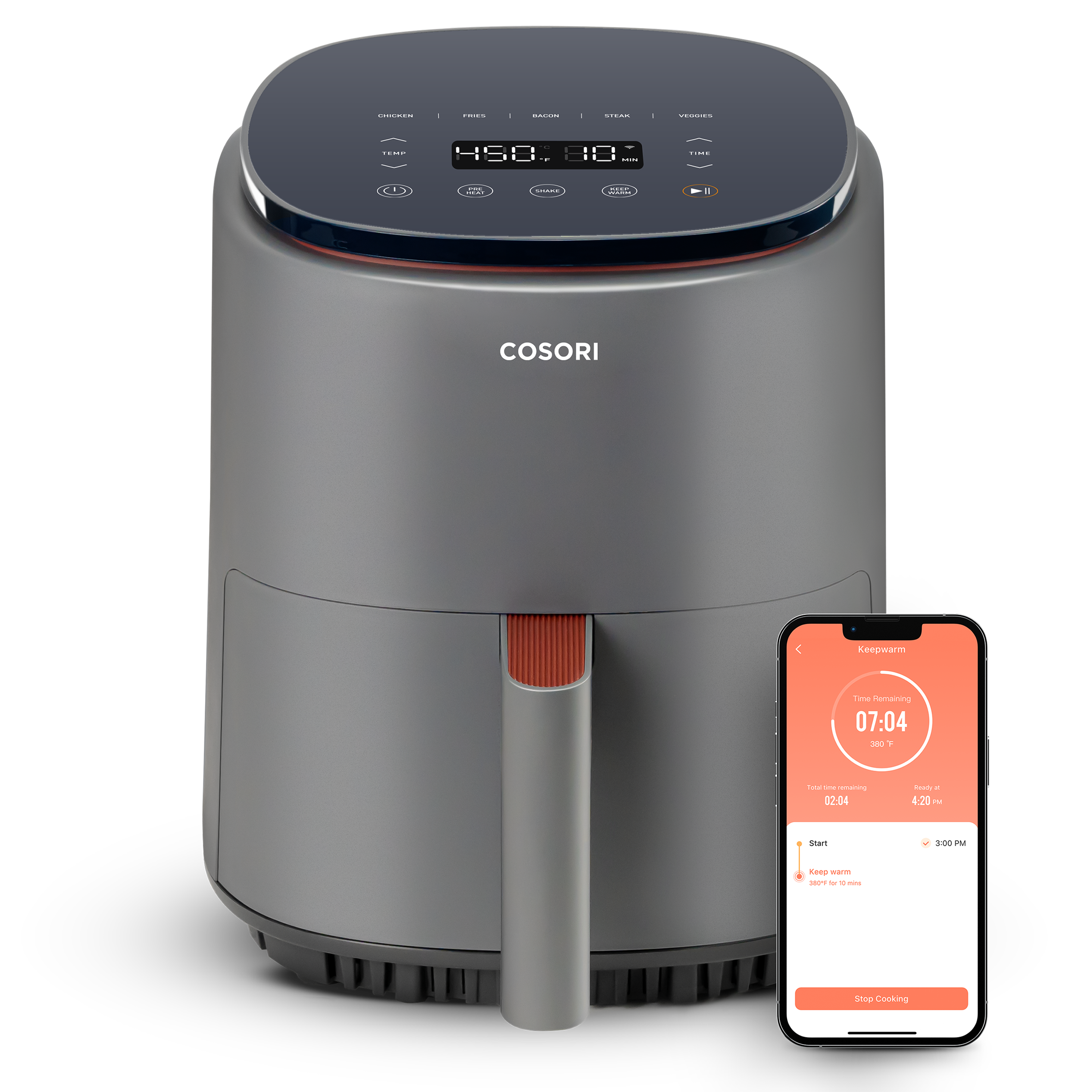 COSORI Lite 4.0-Quart Smart Air Fryer with smartphone app control displayed beside the unit