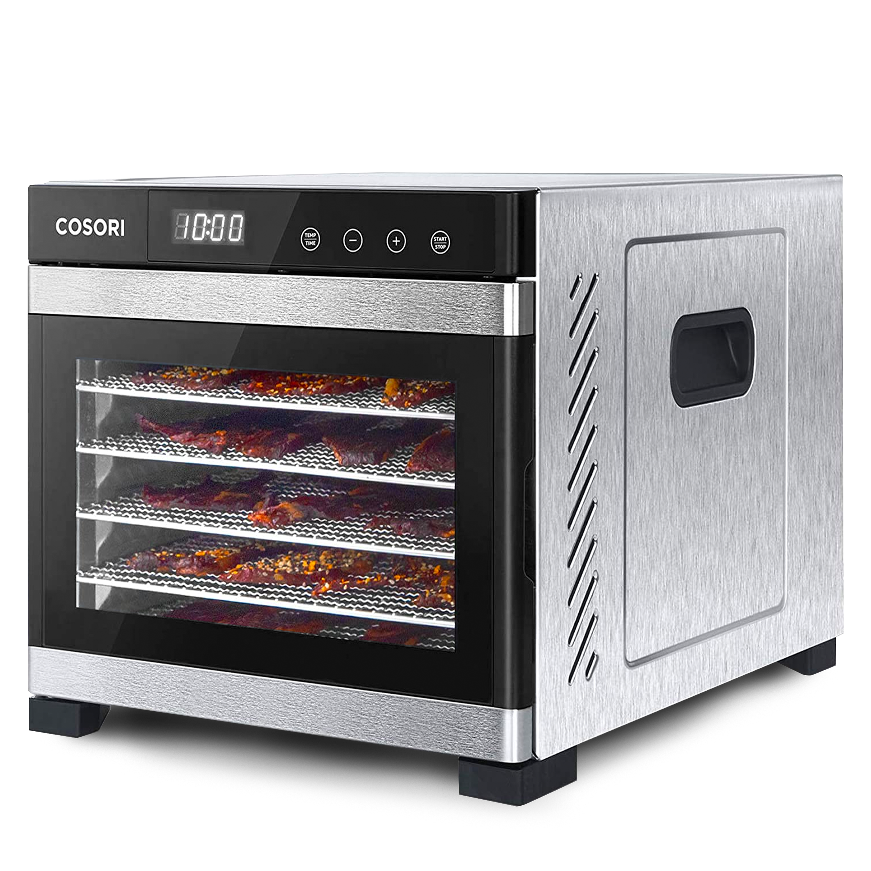 COSORI stainless steel food dehydrator with glass front door and multiple drying trays