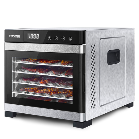 COSORI stainless steel food dehydrator with glass front door and multiple drying trays