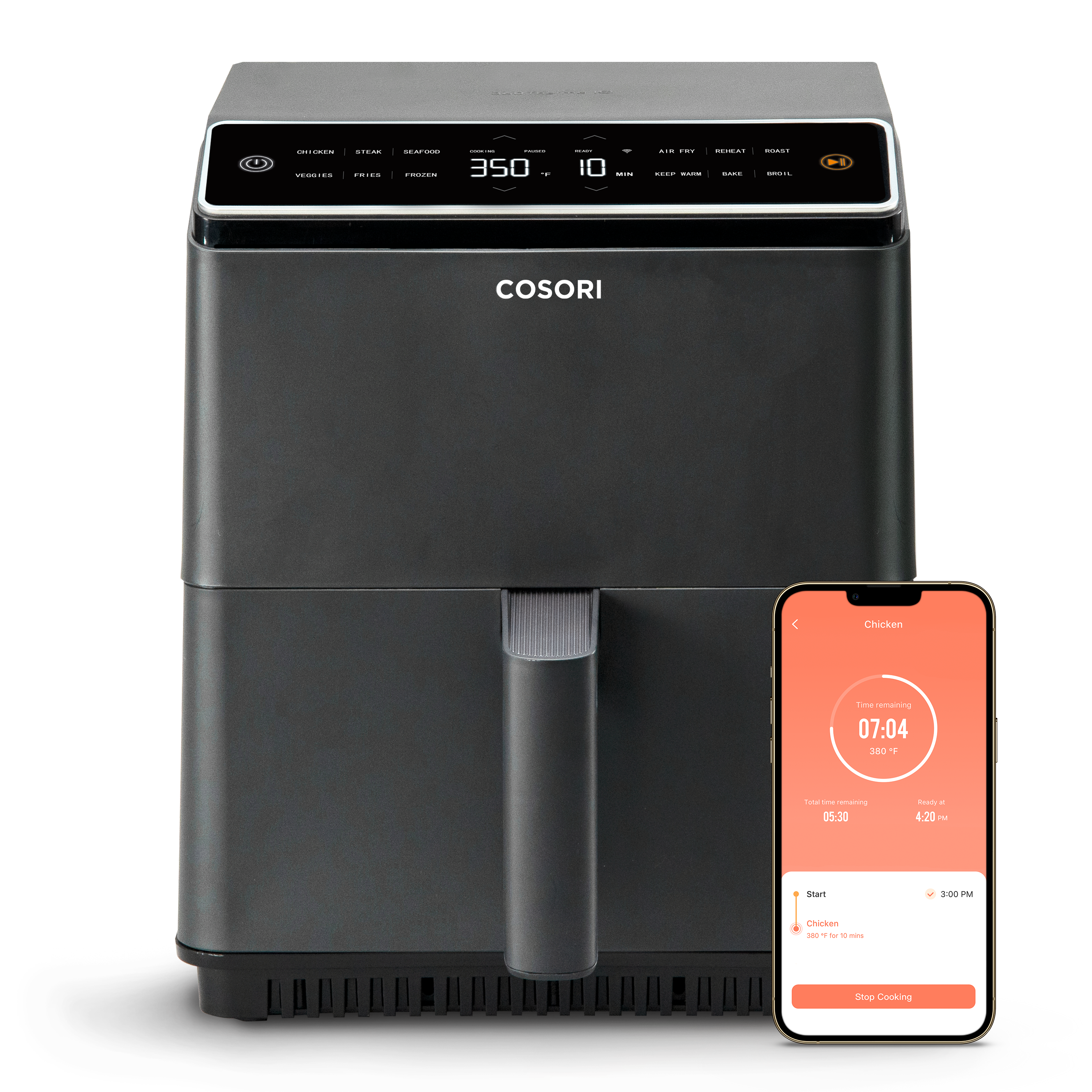 COSORI Dual Blaze 6.8-Quart Smart Air Fryer with smartphone app control displayed beside the unit