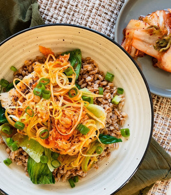 Air Fryer Cod with Kimchi Butter and Farro