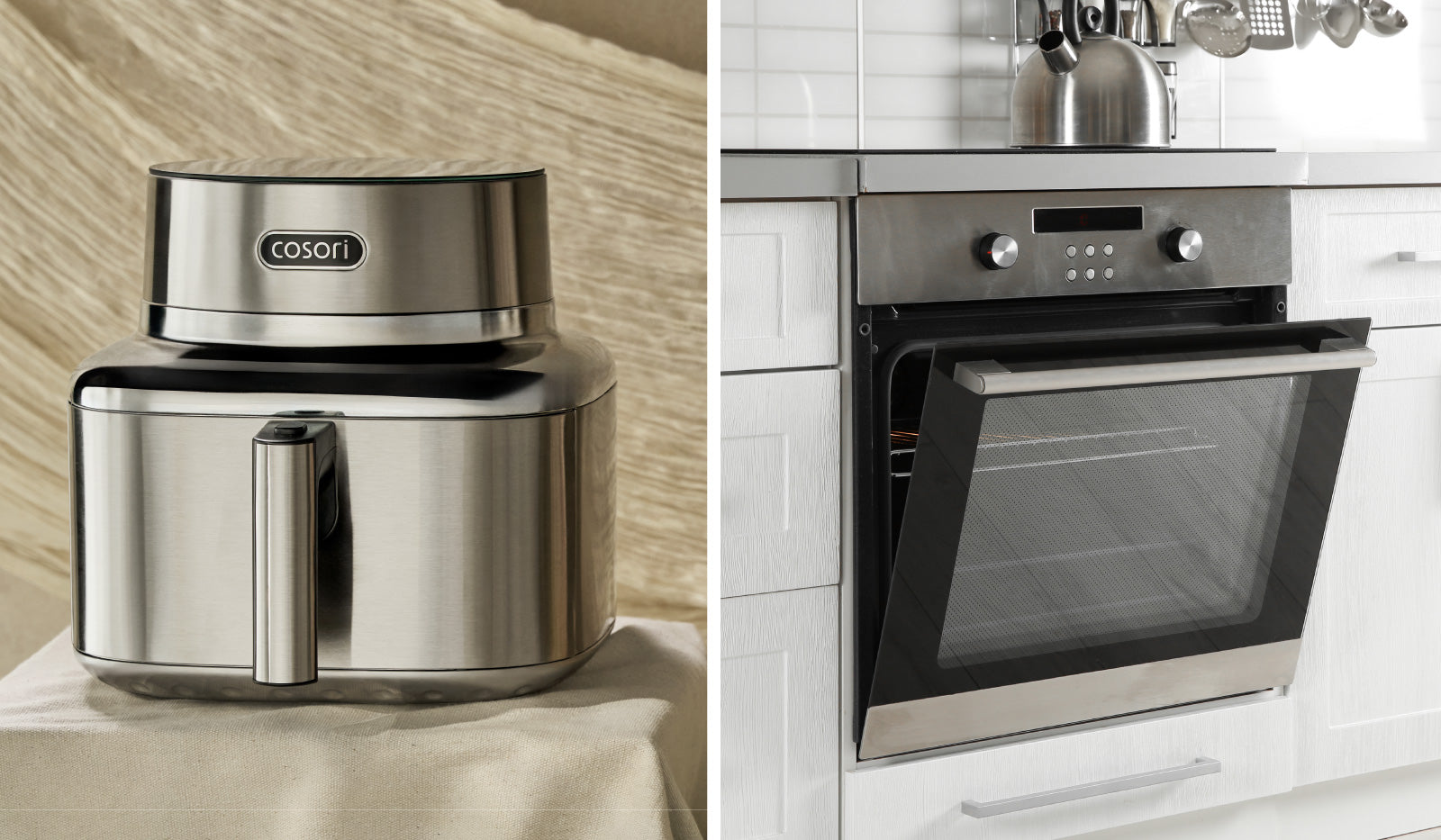 A compact Cosori air fryer and a full-size kitchen oven shown side-by-side for comparison.