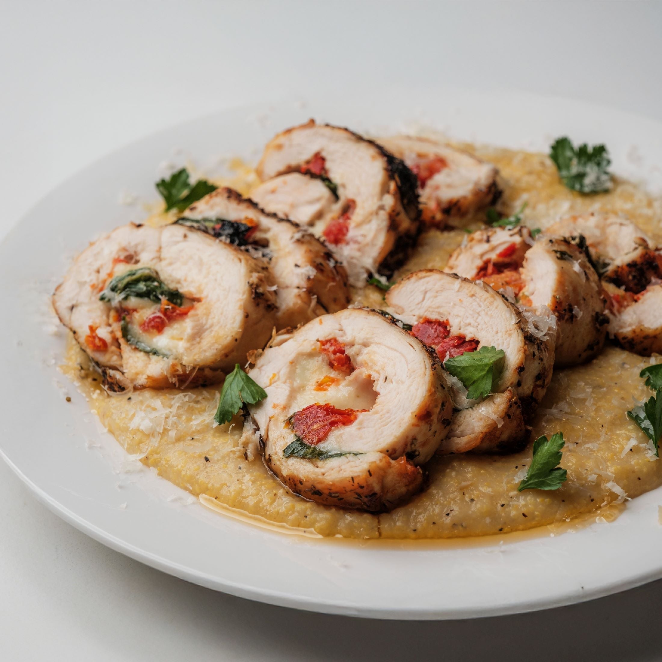 Sundried Tomato & Mozzarella Chicken Roulade With Polenta