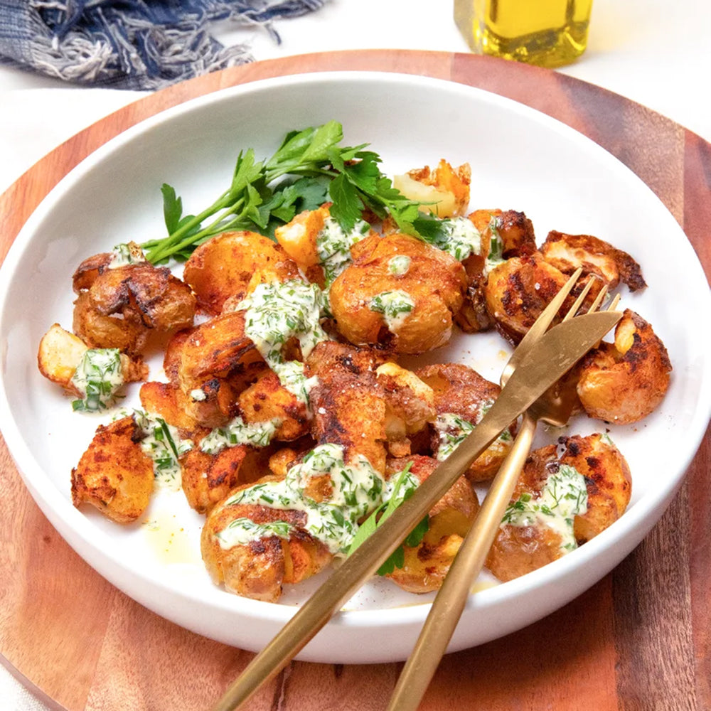 Crispy Smashed Potatoes with Herb Aioli