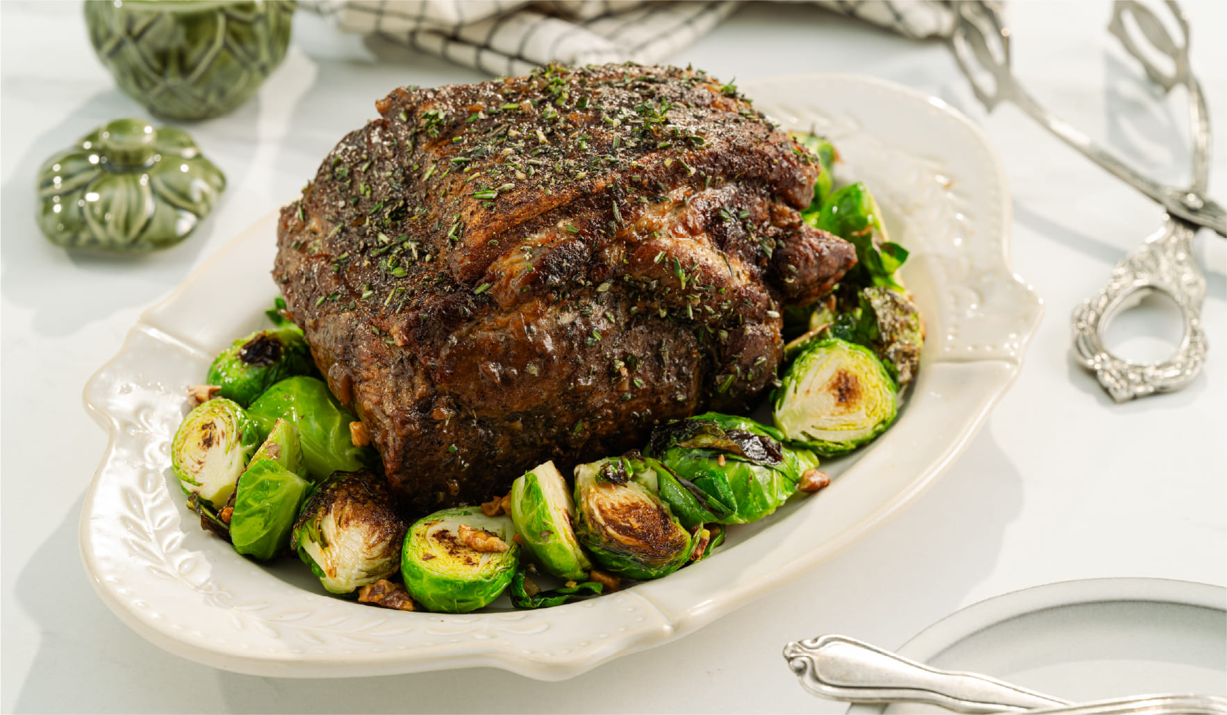 Herb-Crusted Pork Shoulder With Glazed Brussels Sprouts
