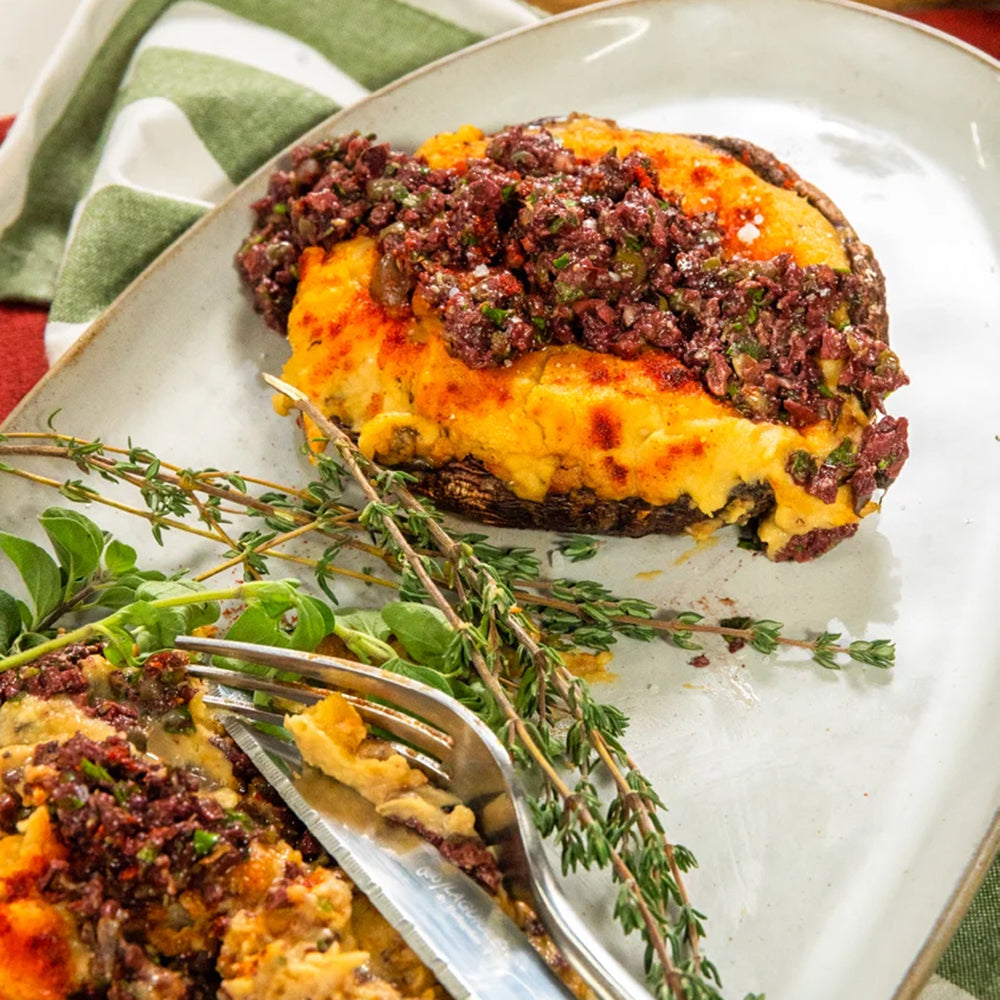 Hummus-Filled Portobello's with Olive Tapenade