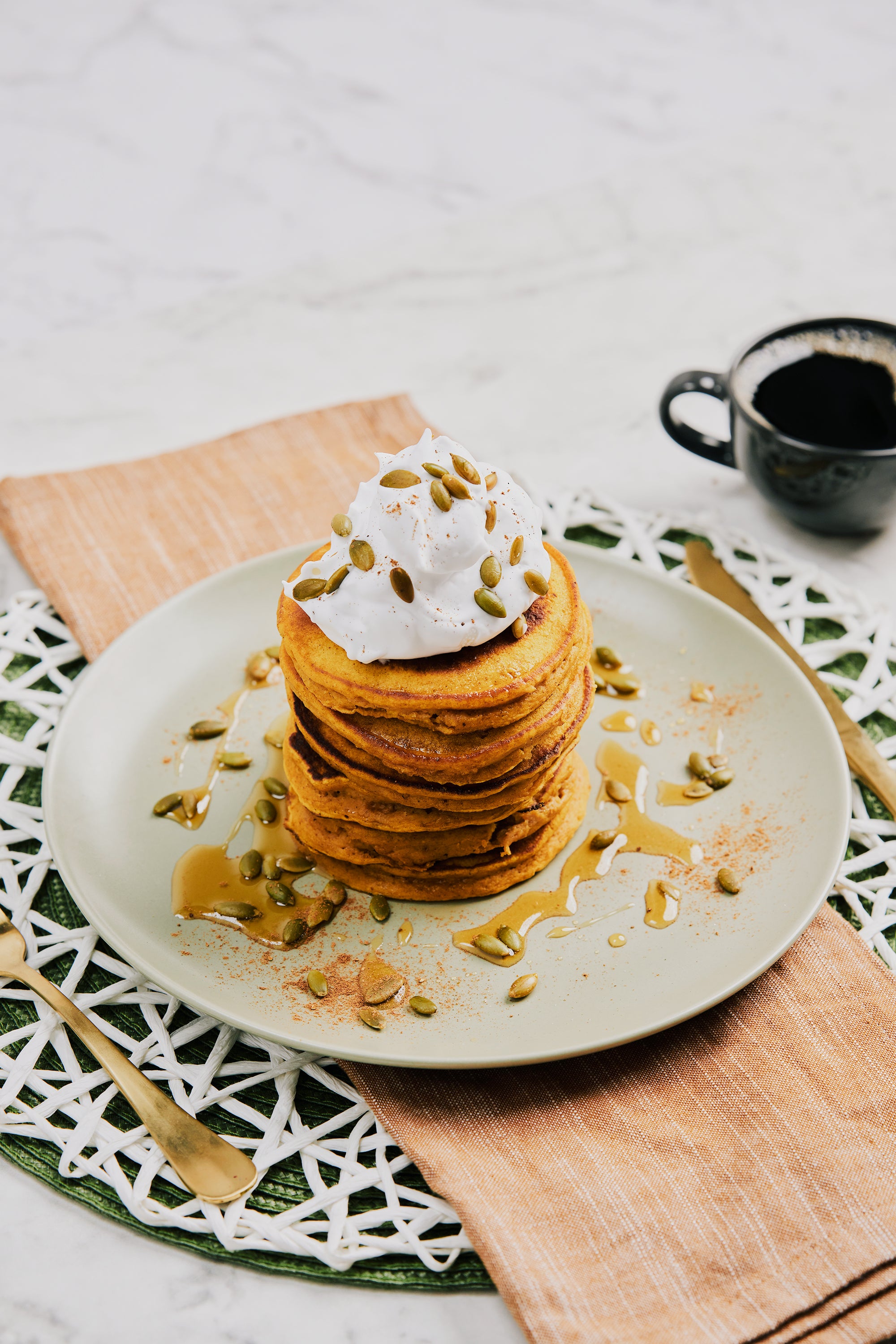 Pumpkin Ricotta Pancakes With Whipped Maple Mascarpone