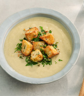 Roasted Artichoke Soup with Herbed Croutons 
