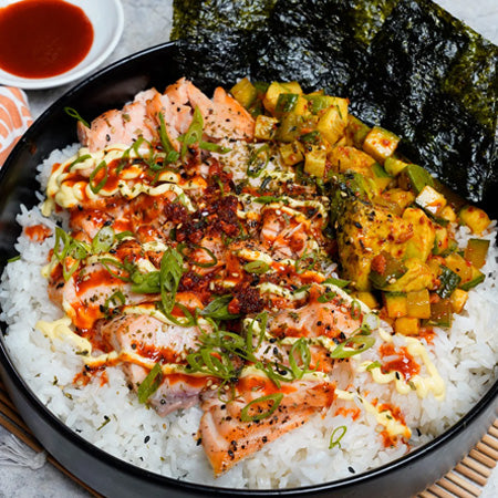 Spicy Salmon & Rice Bowls with Sesame Cucumbers