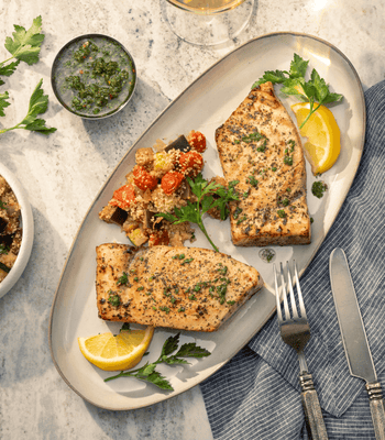 Swordfish Steaks With Salmoriglio Sauce & Roasted Vegetable Couscous