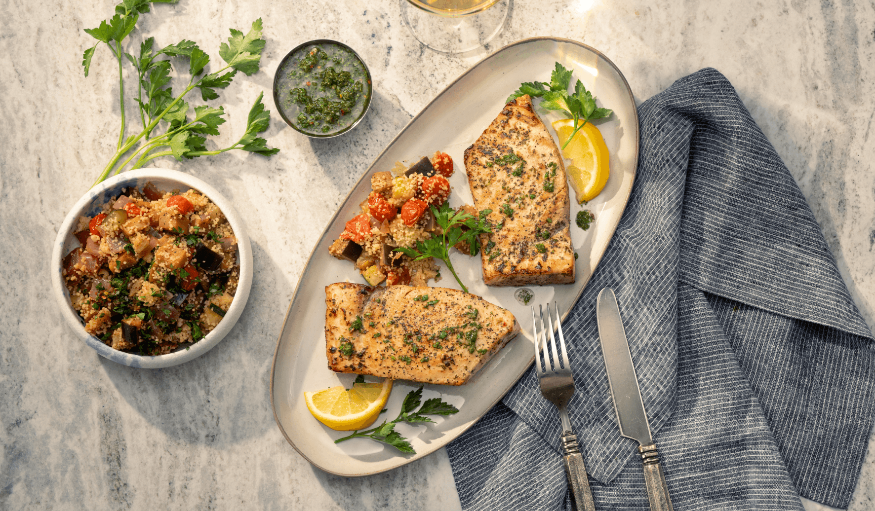 Swordfish Steaks With Salmoriglio Sauce & Roasted Vegetable Couscous