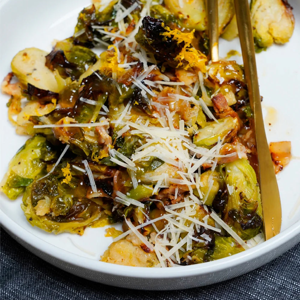 Tangy Smashed Brussels Sprouts with Bacon