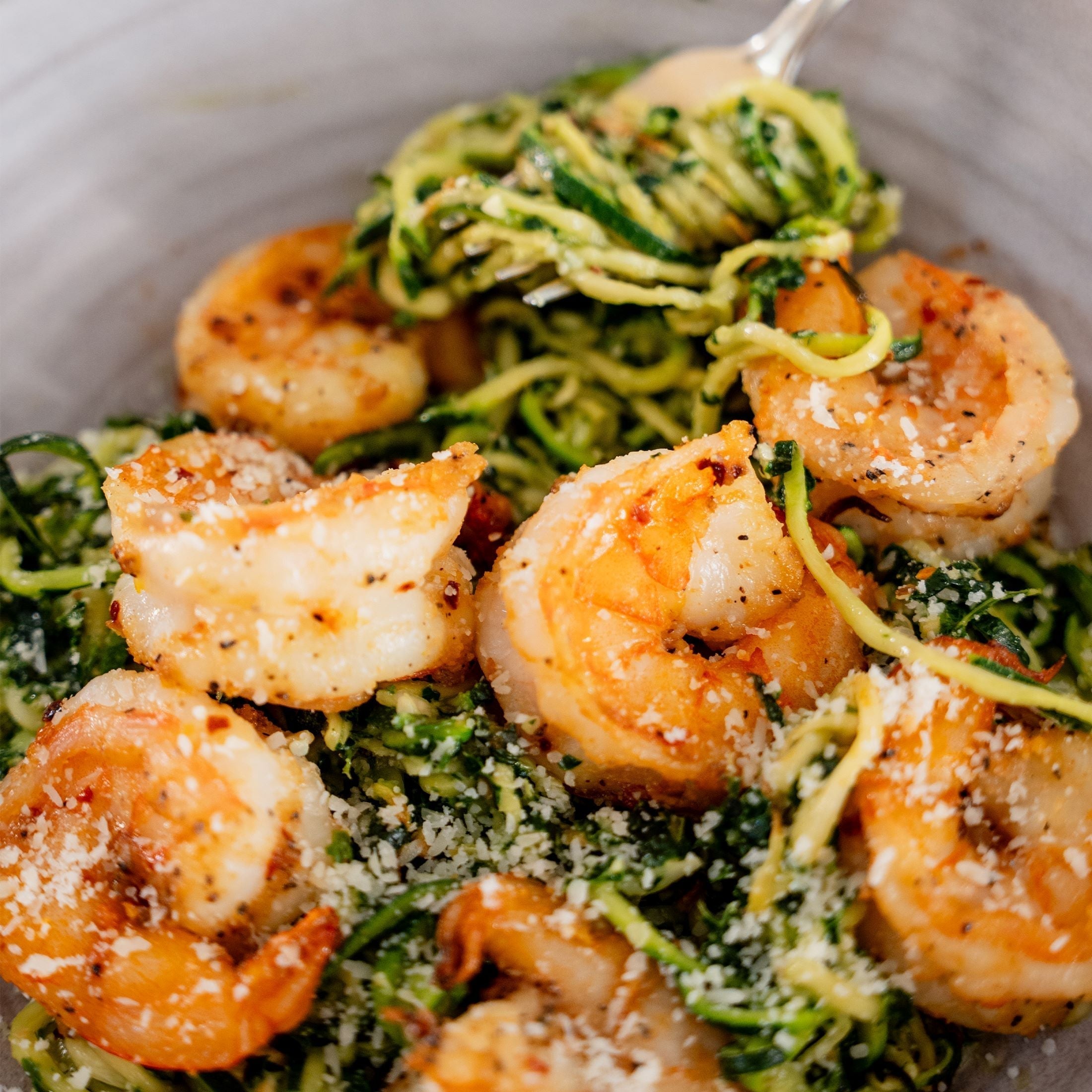 Zucchini Noodles with Kale Pesto and Garlicky Shrimp