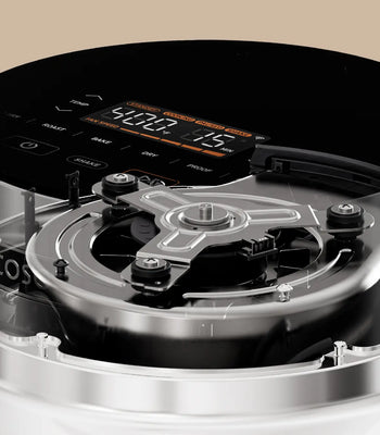 Cutaway view of an air fryer showing the DC motor and internal fan airflow system