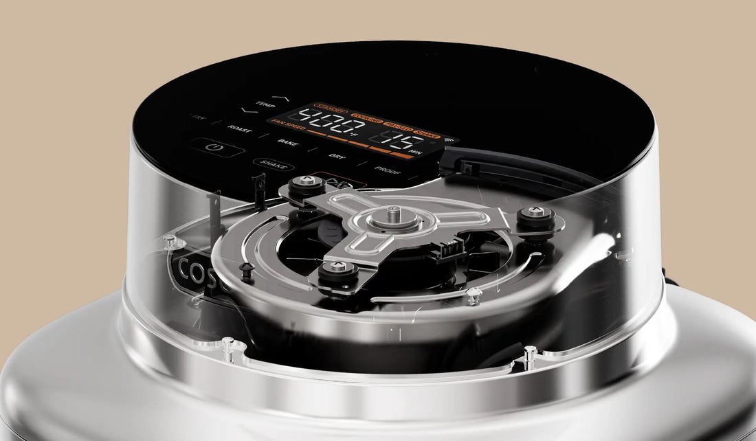 Cutaway view of an air fryer showing the DC motor and internal fan airflow system