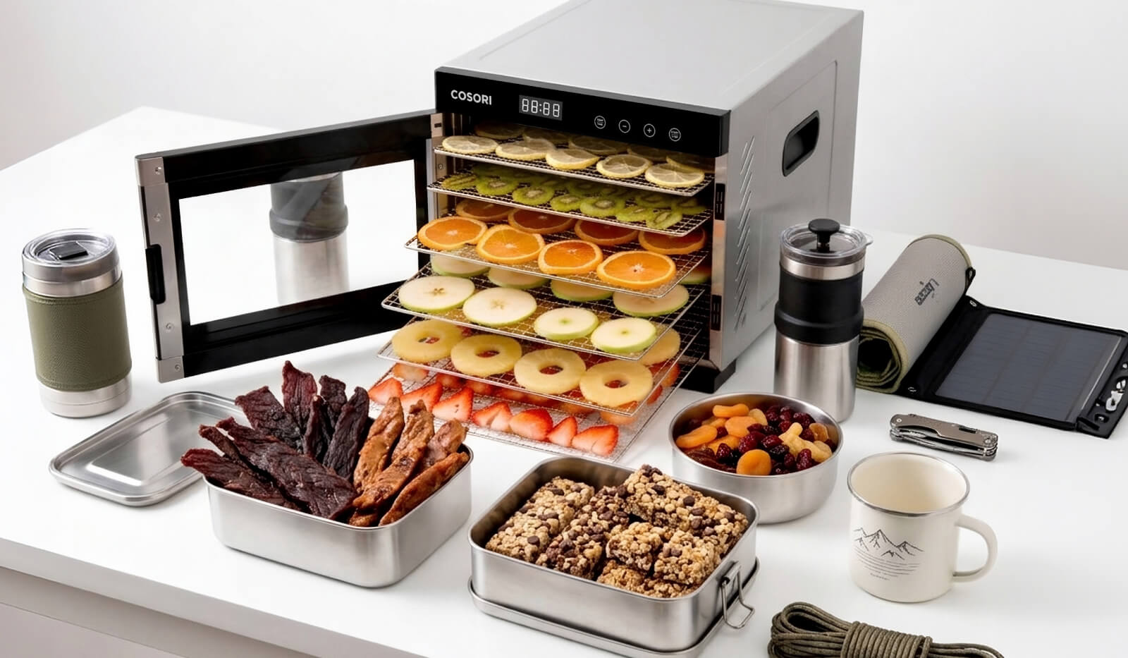 A Cosori food dehydrator filled with sliced fruits next to outdoor camping gear, beef jerky, and homemade granola bars