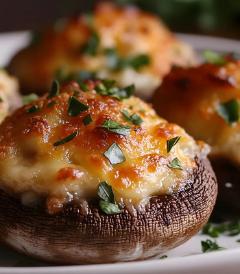 Brie-stuffed mushrooms baked until golden and topped with fresh herbs