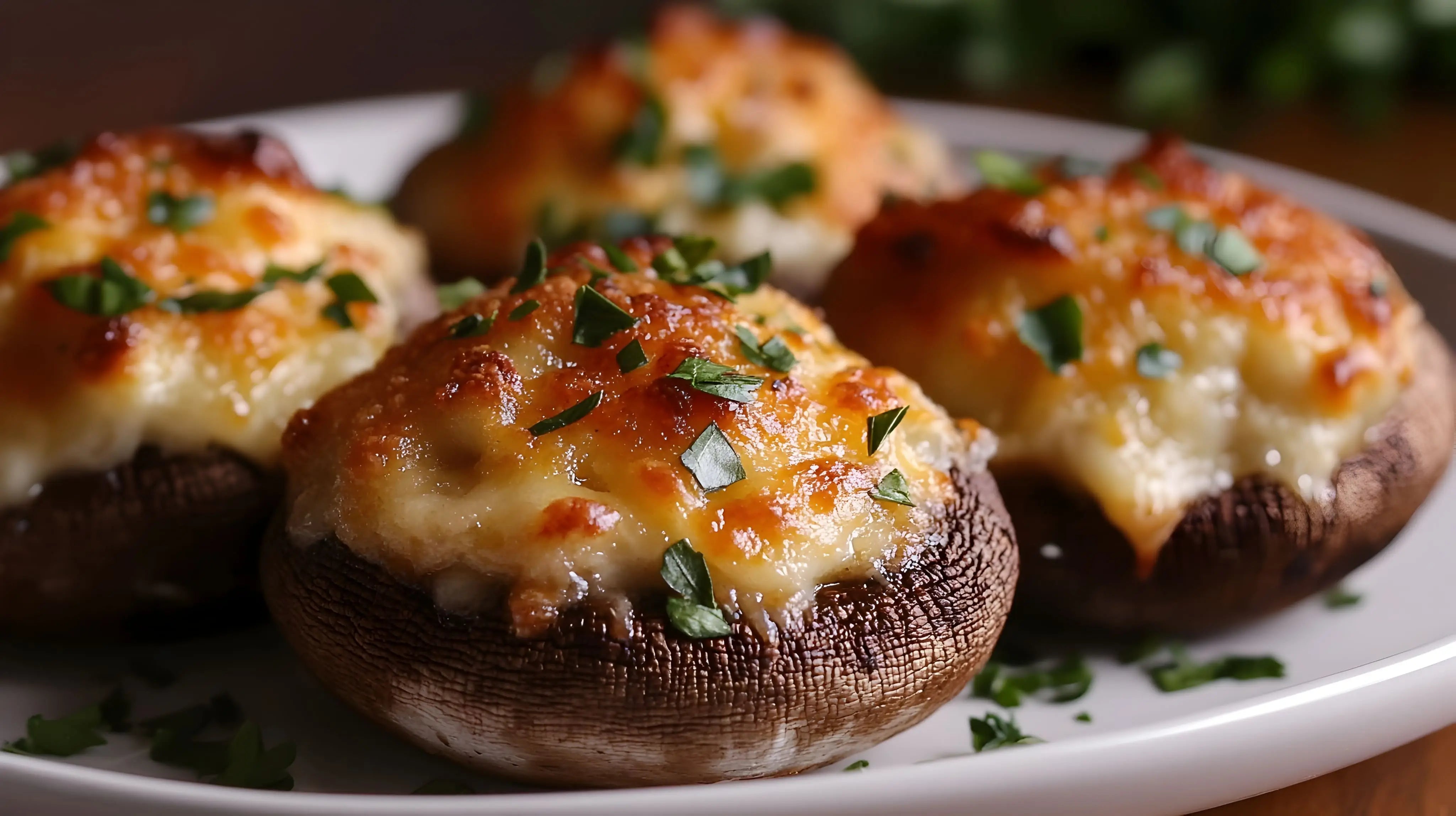 Brie-stuffed mushrooms baked until golden and topped with fresh herbs
