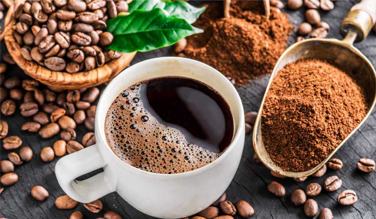 Coffee beans, ground coffee, and brewed cup illustrating the fundamentals of coffee flavor