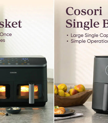 Cosori dual basket air fryer next to a single basket air fryer for comparison.