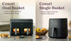 Cosori dual basket air fryer next to a single basket air fryer for comparison.