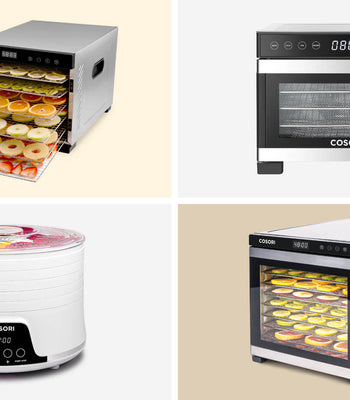 Collage of four Cosori food dehydrators including the Pioneer, Mini, 6-Tray, and 10-Tray Pro models