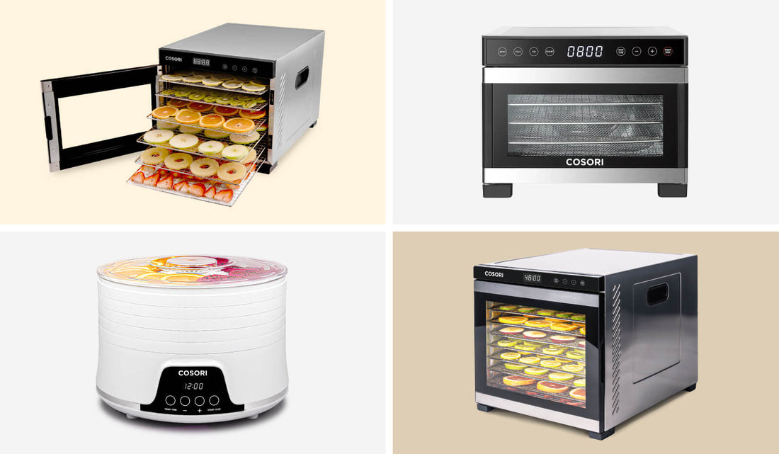 Collage of four Cosori food dehydrators including the Pioneer, Mini, 6-Tray, and 10-Tray Pro models
