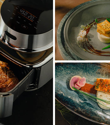 A Cosori air fryer cooking steak next to gourmet plated dishes of salmon and tofu with vegetables.