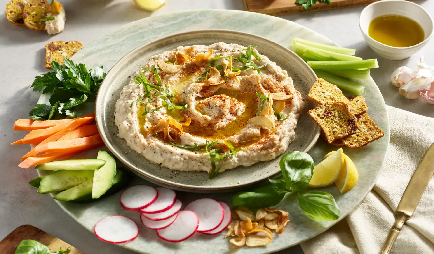 Lemony Basil White Bean Dip With Crispy Garlic 