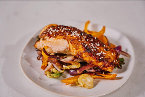 Air Fryer Hoisin-Glazed Salmon with Brussels Sprouts and Bell Peppers