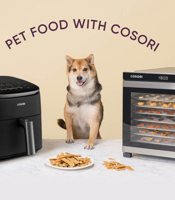 Shiba Inu dog between a Cosori air fryer and dehydrator with homemade pet food and treats