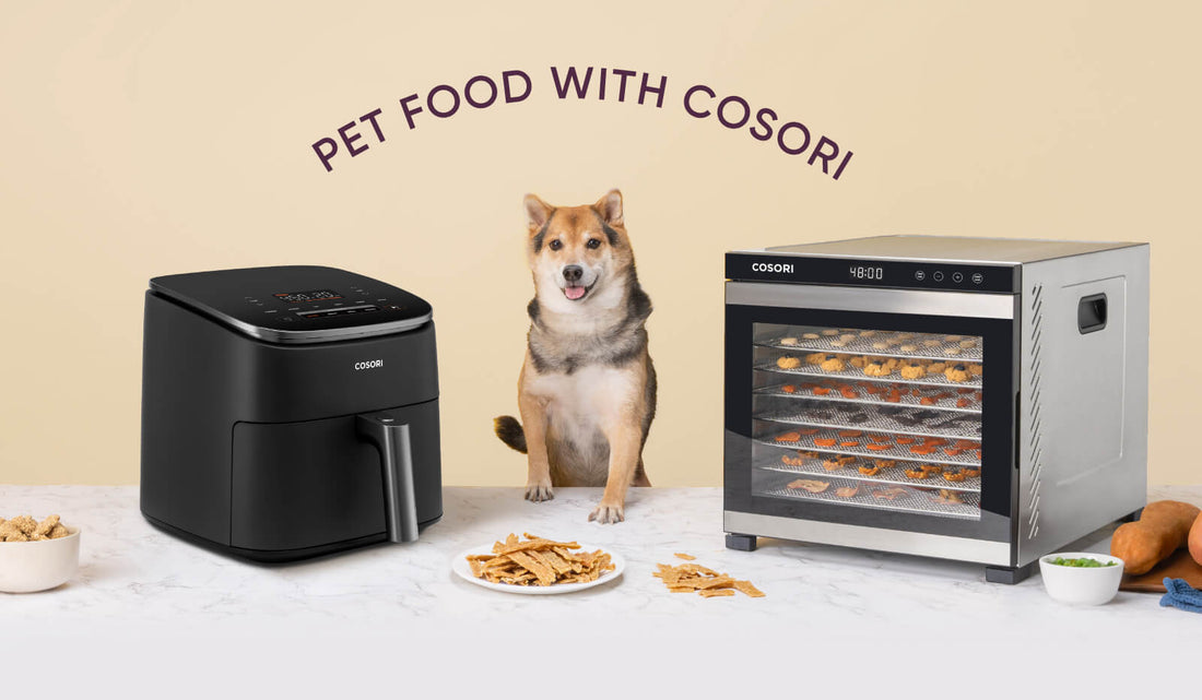 Shiba Inu dog between a Cosori air fryer and dehydrator with homemade pet food and treats