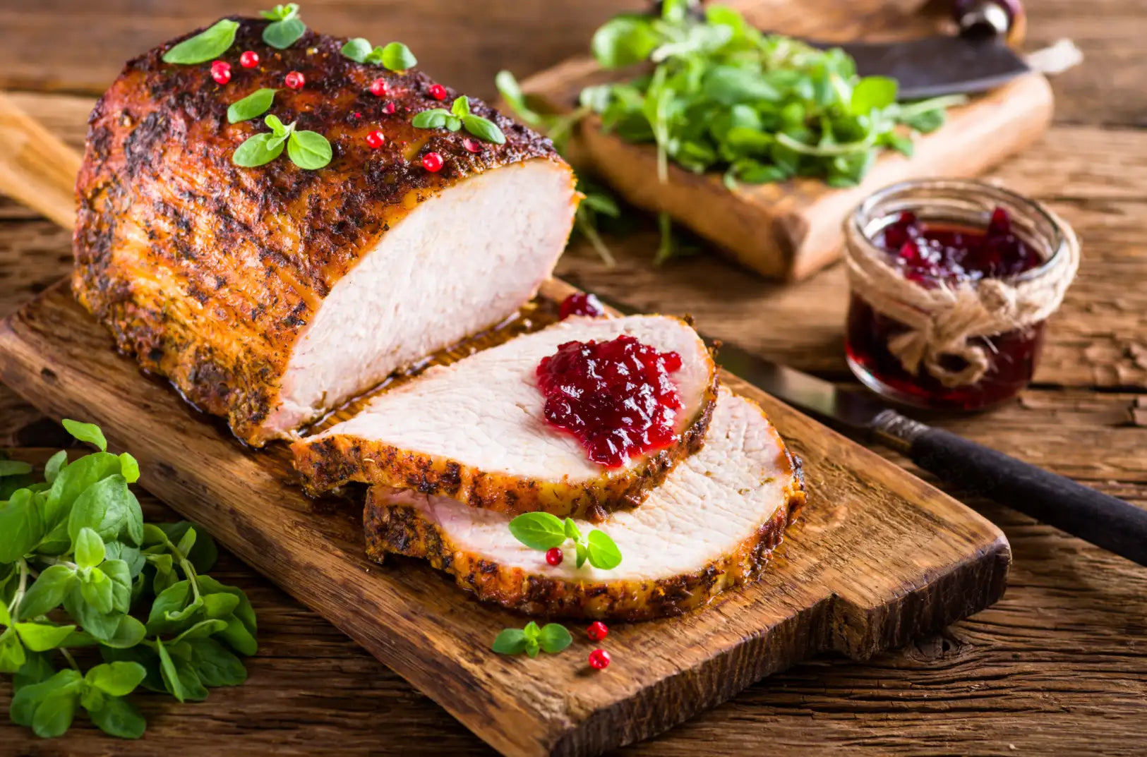 Sliced roasted pork loin topped with cranberry sauce and fresh herbs on a wooden board.
