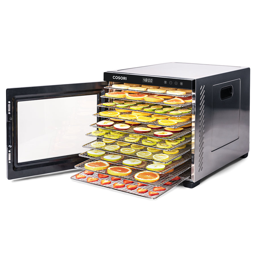 COSORI Premium Pro 10-Tray Food Dehydrator with trays extended showing sliced fruit drying