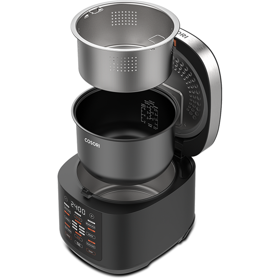 Exploded view of the Cosori Rice Cooker showing the nonstick inner pot and stainless steel steam basket.
