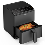 COSORI Dual Blaze 6.8-Quart Smart Air Fryer with basket pulled out showing roasted chicken