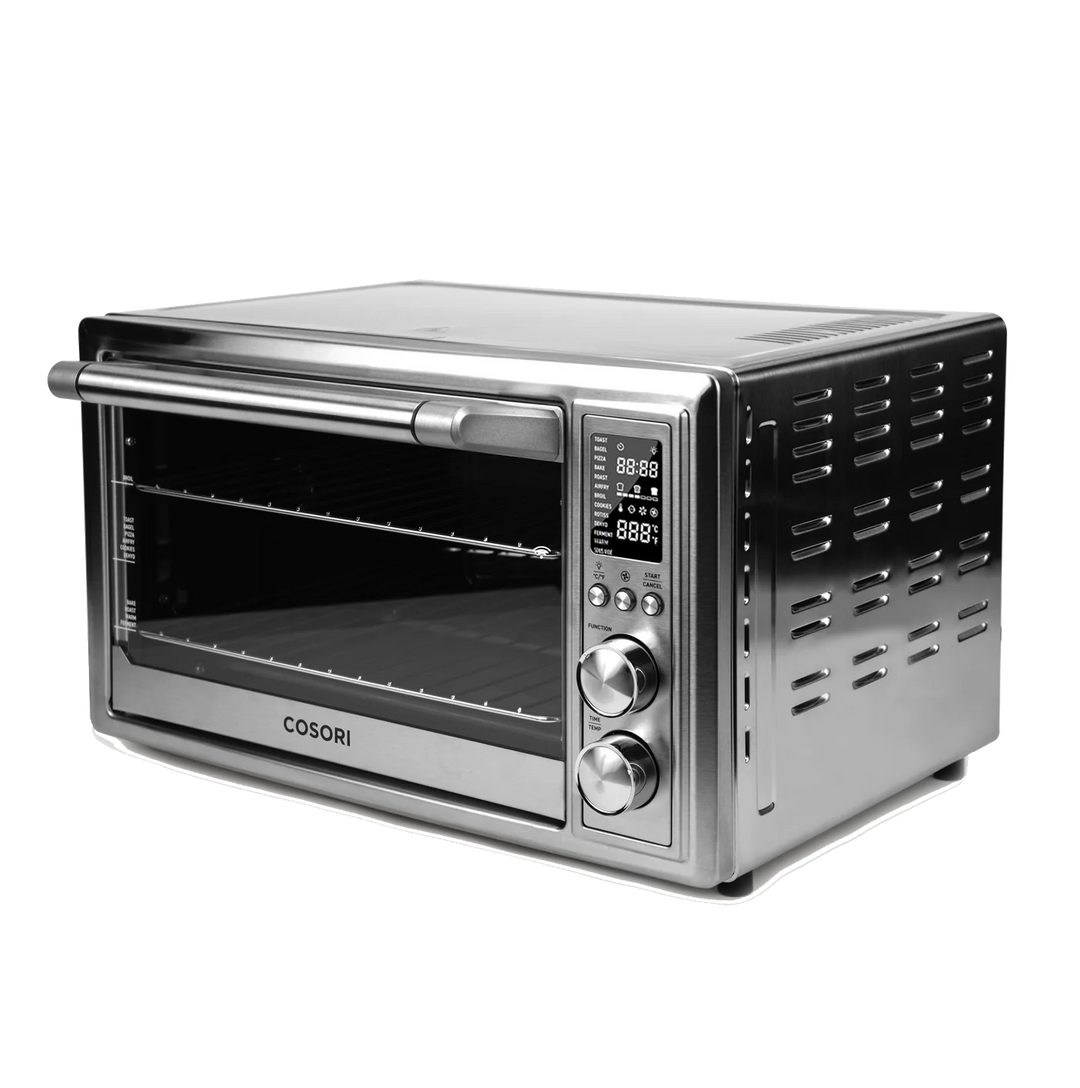 Angled side view of COSORI 30 Liter Smart Air Fryer Toaster Oven with stainless steel exterior