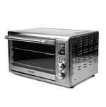 Angled side view of COSORI 30 Liter Smart Air Fryer Toaster Oven with stainless steel exterior