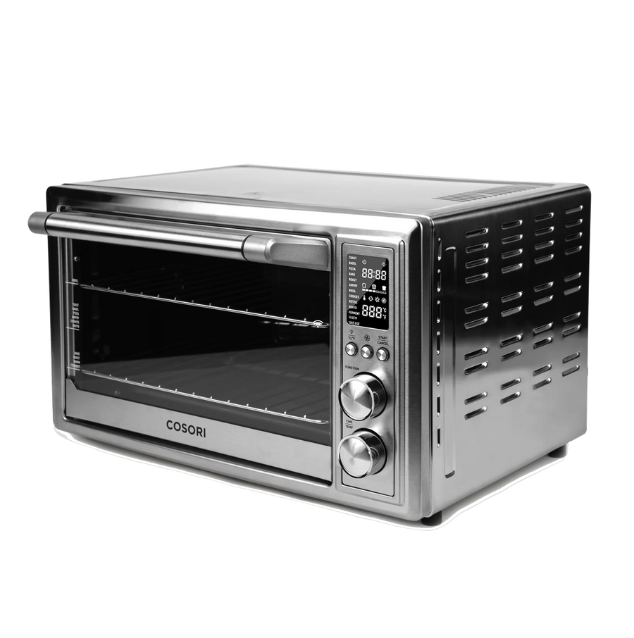 Angled side view of COSORI 30 Liter Smart Air Fryer Toaster Oven with stainless steel exterior