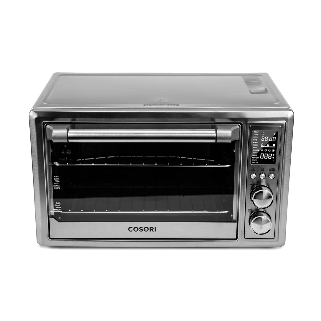 Front view of COSORI 30 Liter Smart Air Fryer Toaster Oven with glass door and control knobs