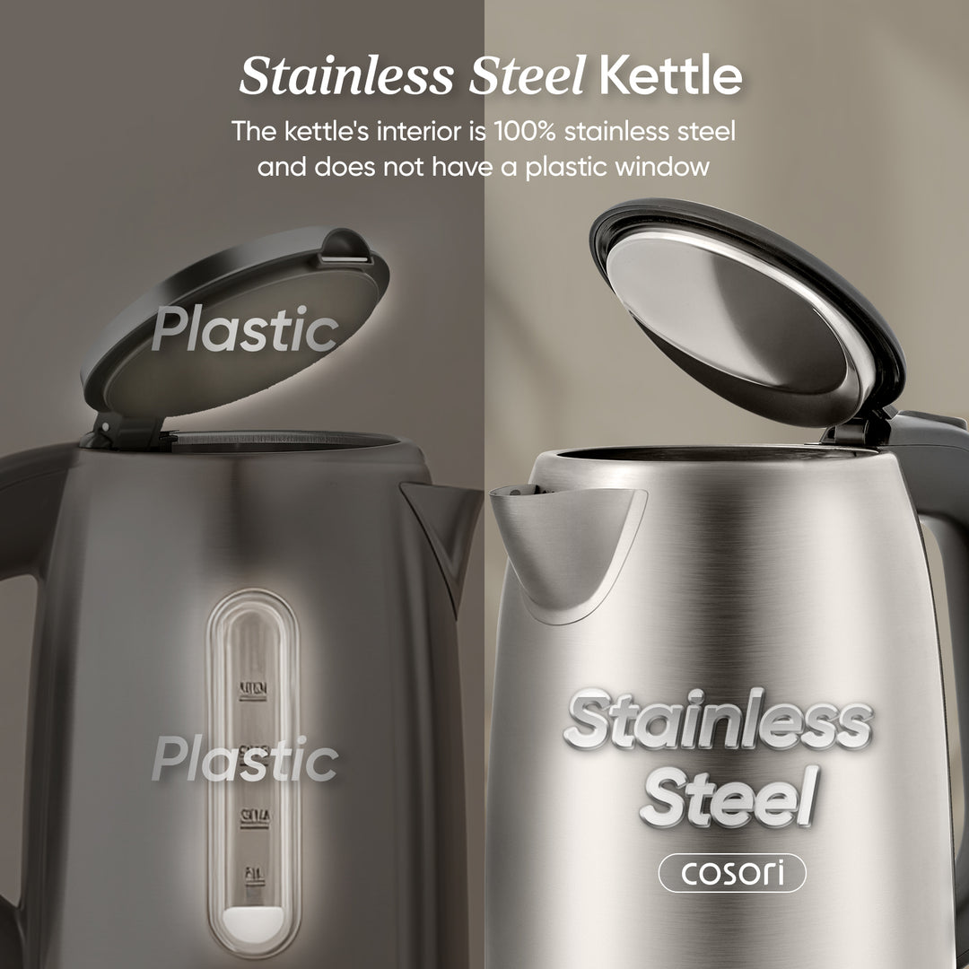 COSORI plastic-free stainless steel electric kettle interior lid and filter