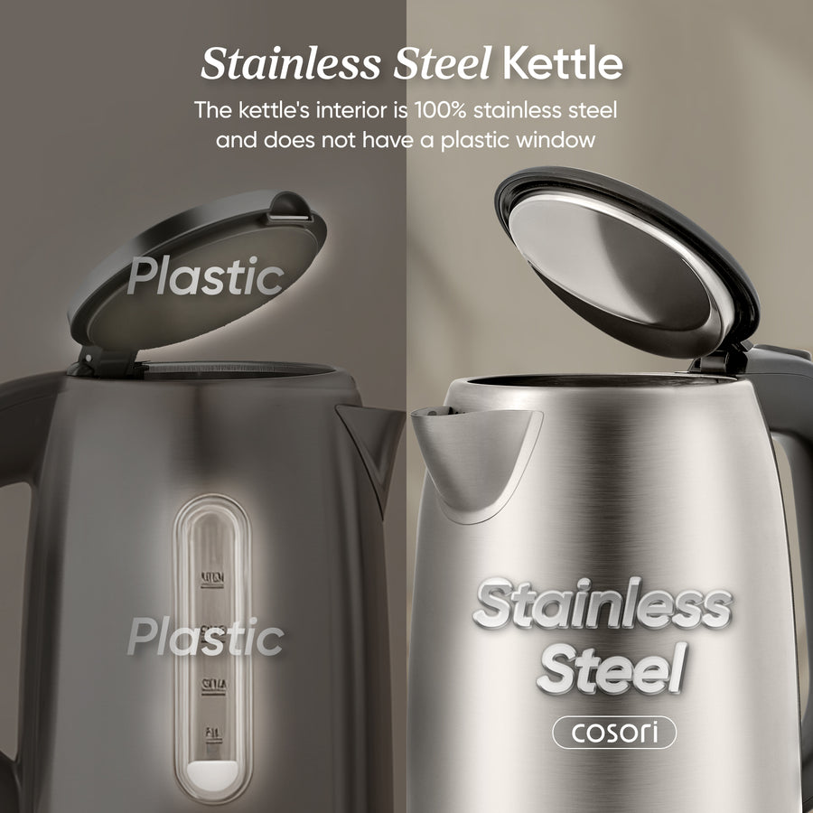 COSORI plastic-free stainless steel electric kettle interior lid and filter