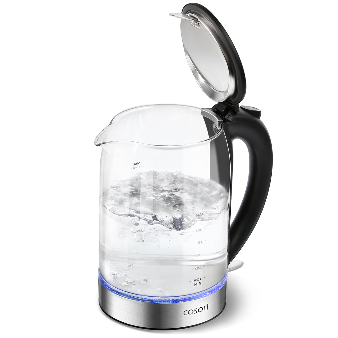 COSORI glass electric kettle with open lid and water boiling