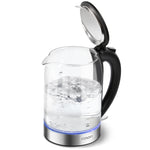 COSORI glass electric kettle with open lid and water boiling